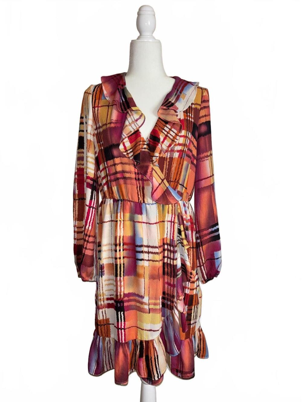 INC International Concepts plaid ruffle-trim wrap dress V-neckline long sleeves